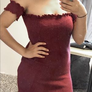 Burgundy off the shoulder mini dress